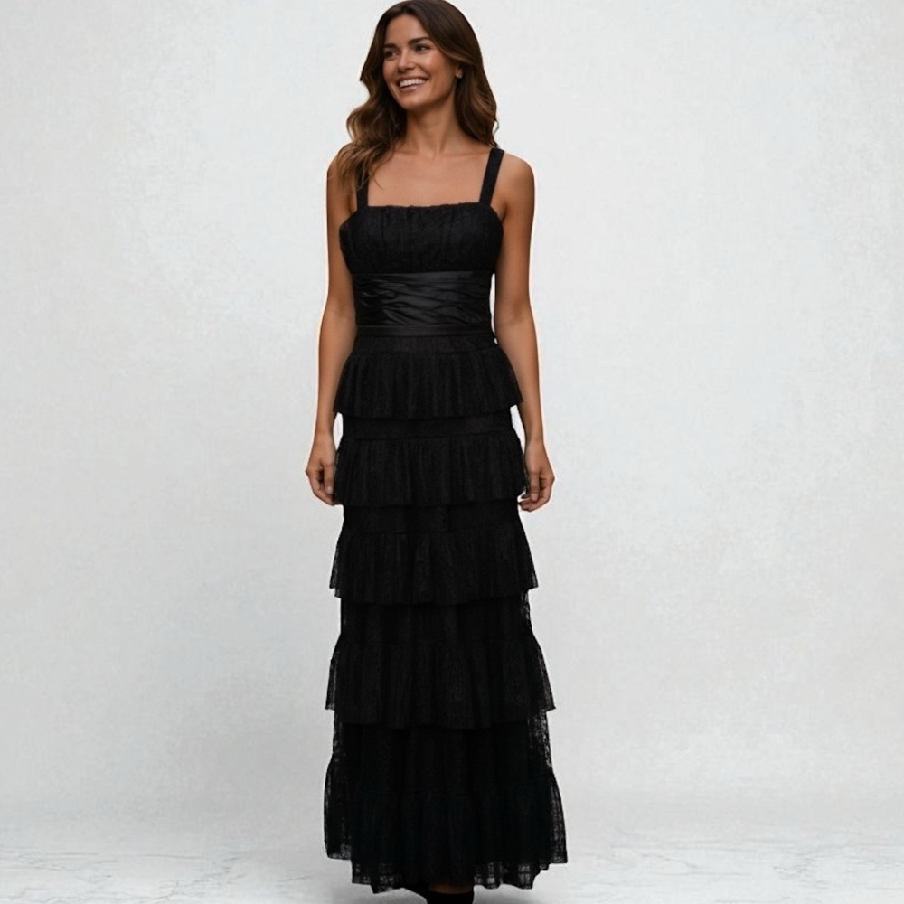 BCBGMAXAZRIA Black Ruffled Lace Evening Gown Dress